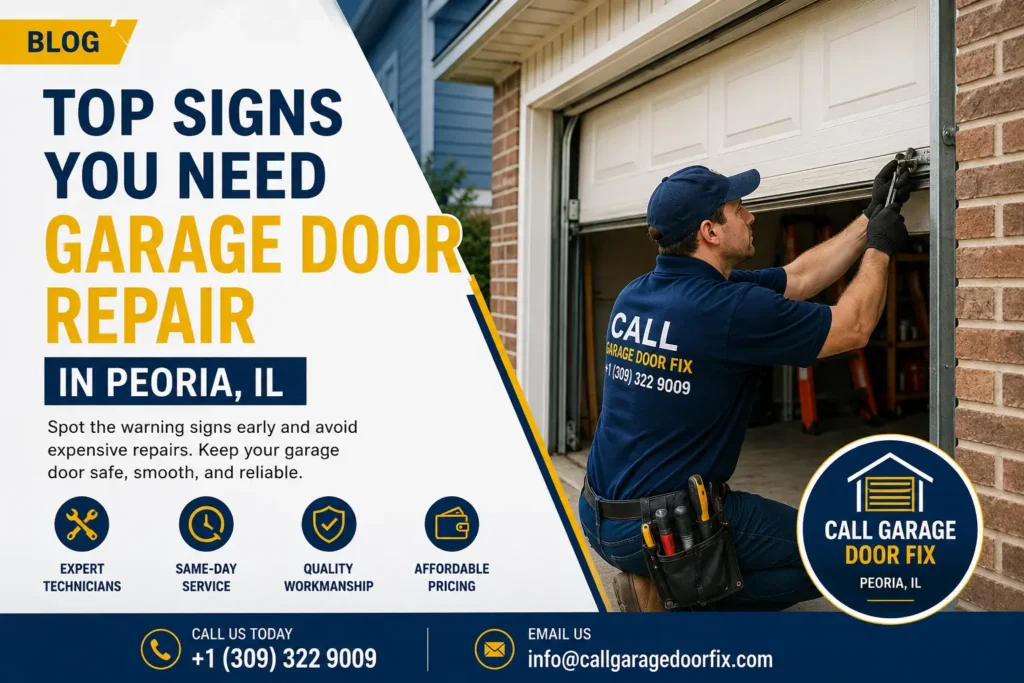 Garage door technician inspecting and repairing a residential garage door in Peoria, IL to identify common signs that require professional garage door repair