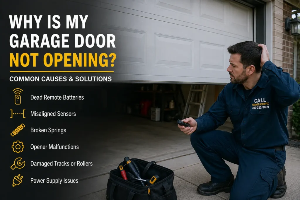 Garage door technician in Peoria, IL inspecting a garage door that won't open and diagnosing common issues such as broken springs, opener problems, and damaged tracks